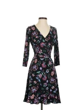 Leota Floral Wrap Dress Women’s Size M Black Boho V-Neck 3/4 Sleeve Fit & Flare